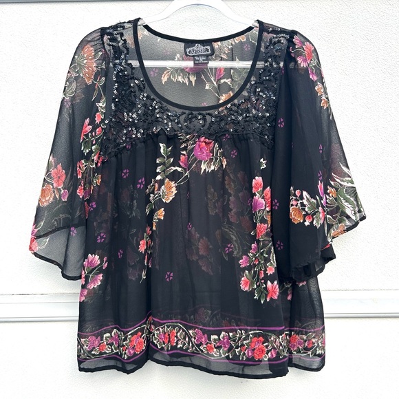 Angie Top Women S Black Multi Floral Sheer Sequined Whimsigoth Boho Fairy - Picture 8 of 10